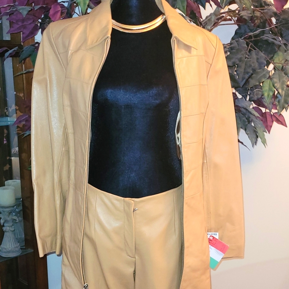 Wilsons Leather Pelle Studio pant suit.  Size medium jacket. Size 10 pant. Camel